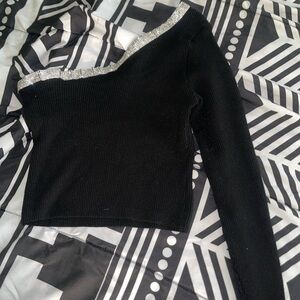 Fashion Nova Black Off-the-Shoulder Sweater with Silver Trim